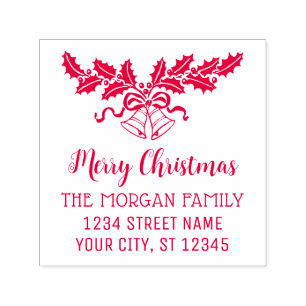 Merry Christmas Holly & Bells Name Return Address Self-inking Stamp