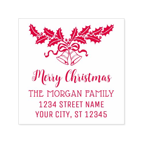 Merry Christmas Holly  Bells Name Return Address Self_inking Stamp