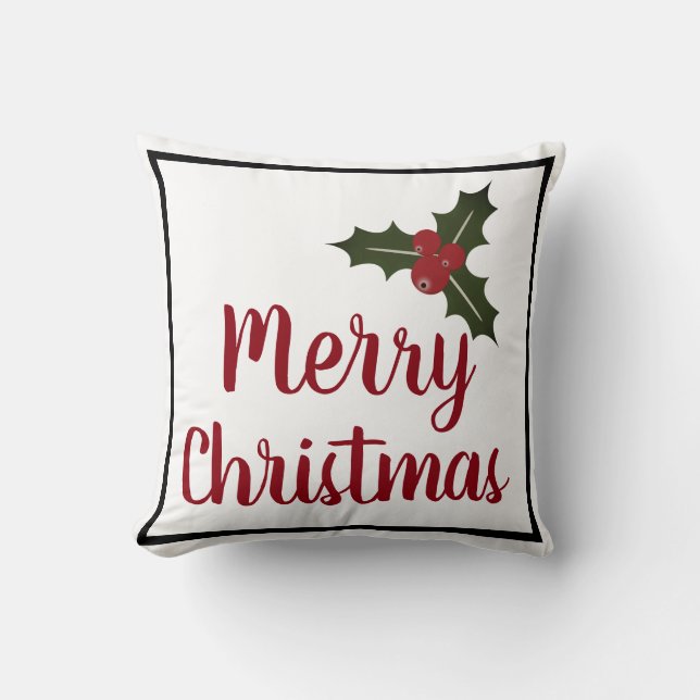 Merry Christmas Holly Berries and Leaves Throw Pillow (Front)