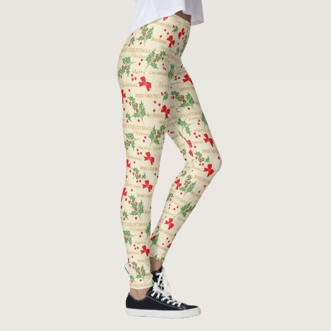 Merry Christmas, Holly, Berries and Red Bows Leggings (Right)