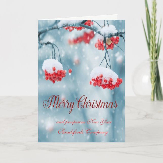 Merry Christmas Holly Berries,Branches Snow Holiday Card (Front)