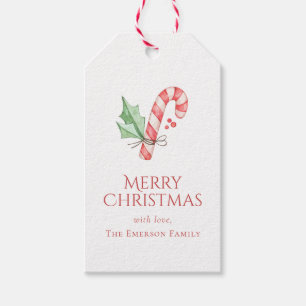 Merry Christmas Holly Berries Candy Cane Gift Tags