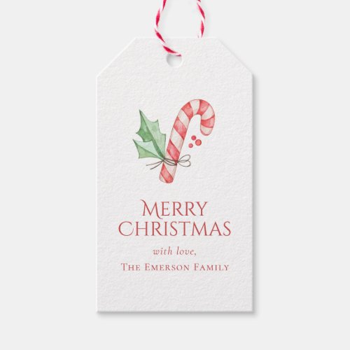 Merry Christmas Holly Berries Candy Cane Gift Tags