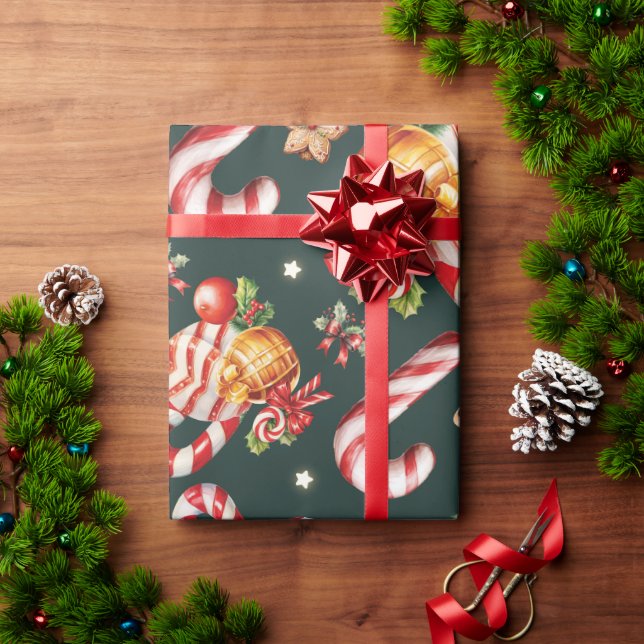 Merry Christmas Holly Berries Candy Cane Red Bow Wrapping Paper (Holiday Gift)