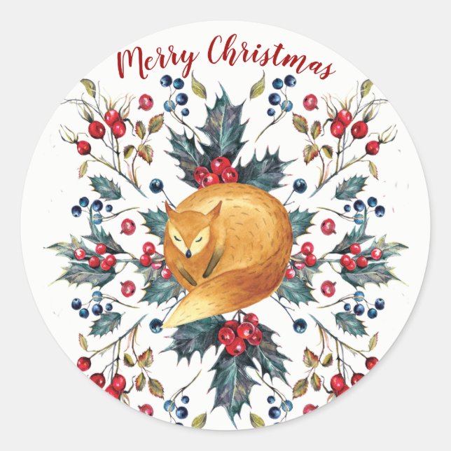 Merry christmas holly berries fox sticker label (Front)
