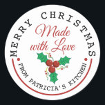 Merry Christmas Holly Berries Made With Love Classic Round Sticker<br><div class="desc">Share your festive happiness with baked goodies. Add the Merry Christmas stickers with made with love typography and holly berries illustration to  add a special touch.</div>