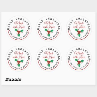 Merry Christmas Holly Berries Made With Love Classic Round Sticker | Zazzle