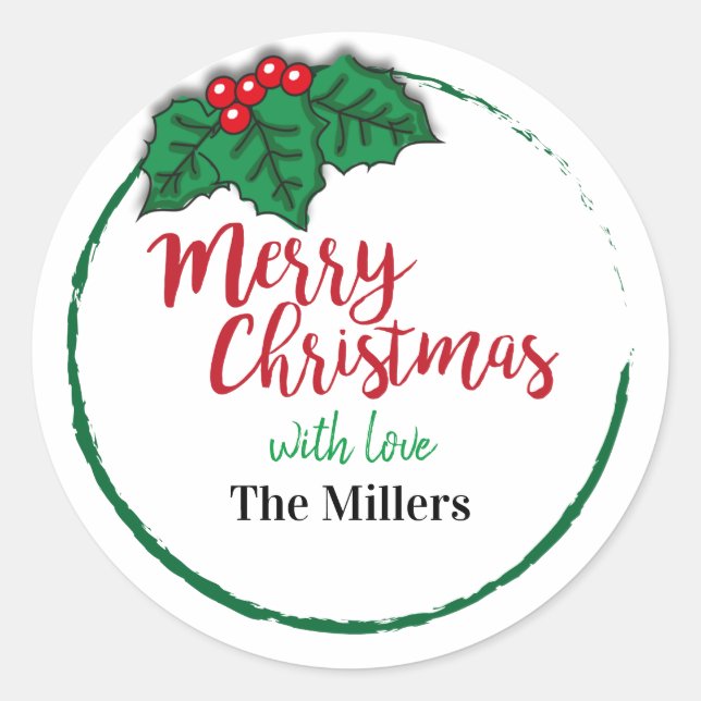 Merry Christmas Holly Berries Personalized  Classic Round Sticker (Front)