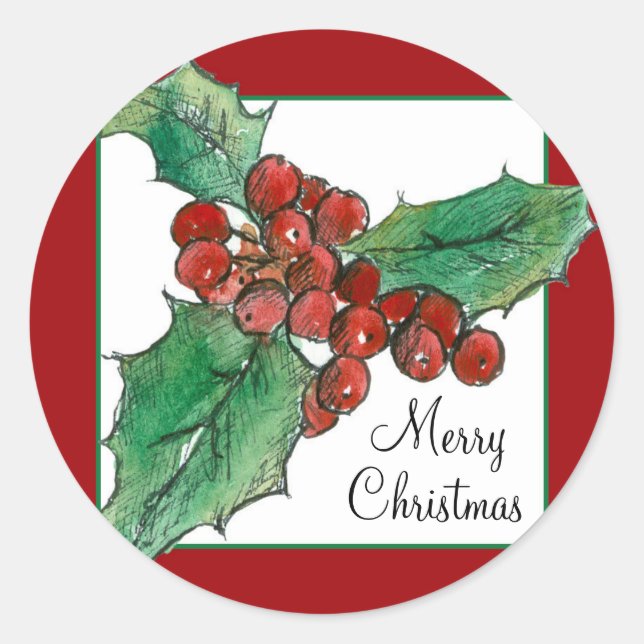 Merry Christmas Holly Berries Plant Botanical Art  Classic Round Sticker (Front)