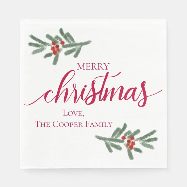 Merry Christmas- Holly berries, spruce  Napkins (Front)