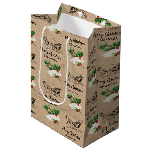 Merry Christmas Holly Berries Winter Kraft Brown Medium Gift Bag