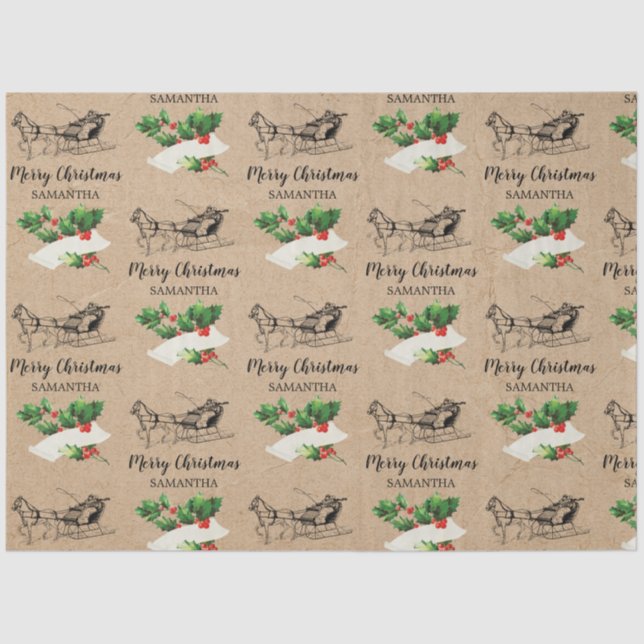 Merry Christmas Holly Berries Winter Kraft Brown  Tissue Paper (Front)