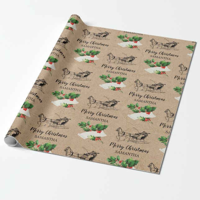 Merry Christmas Holly Berries Winter Kraft Brown  Wrapping Paper (Unrolled)
