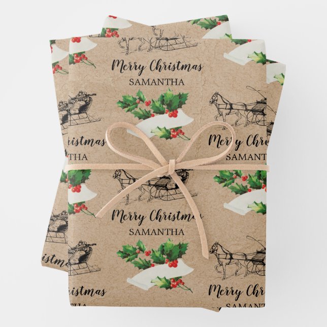 Merry Christmas Holly Berries Winter Kraft Brown  Wrapping Paper Sheets (In situ)