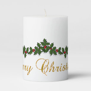Merry Christmas,Holly Berry Branches -Personalized Pillar Candle