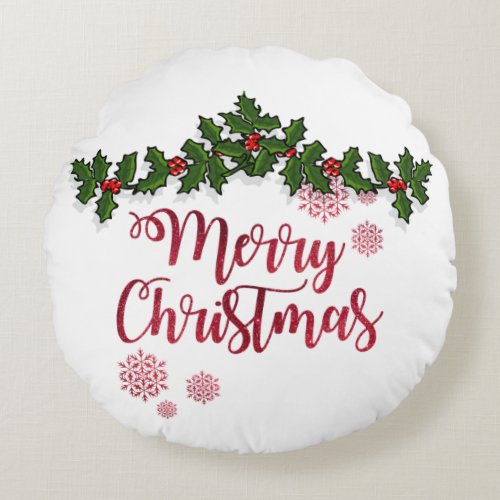 Merry ChristmasHolly Berry Branches _Personalized Round Pillow