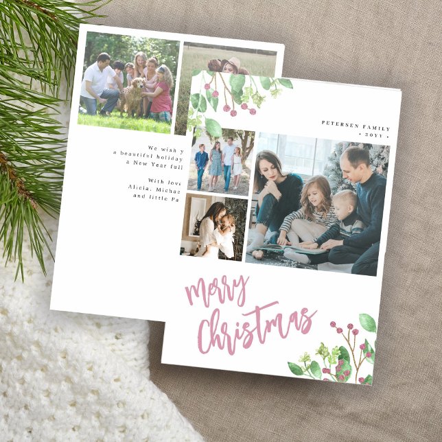 Merry Christmas holly berry foliage holiday Letterpress Photo Cards (Creator Uploaded)