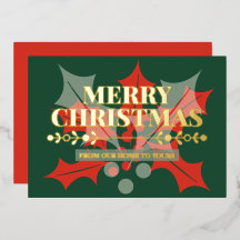 Merry Christmas Holly Berry Gold Foil Holiday Card
