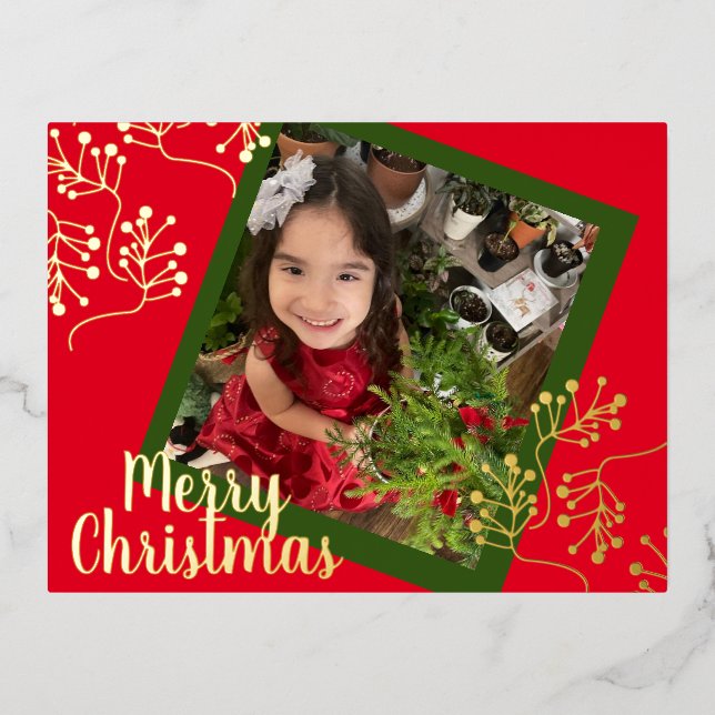 Merry Christmas Holly Berry Gold Pressed Foil Holiday Postcard (Front)