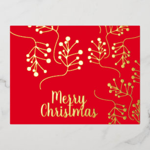 Merry Christmas Holly Berry Gold Pressed Red Foil Holiday Postcard