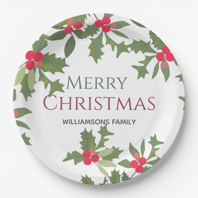Merry Christmas holly berry  holiday    Paper Plates (Front)