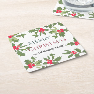 Merry Christmas holly berry holiday Square Paper Coaster