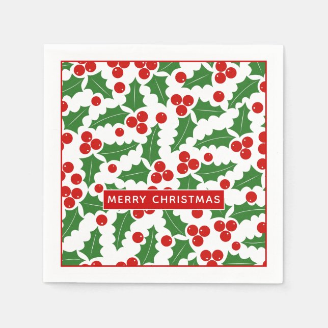 Merry Christmas holly berry pattern red and green Napkins (Front)