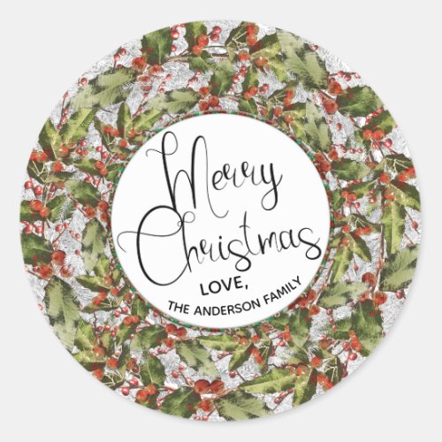 Merry Christmas Holly Berry Personalized   Classic Round Sticker