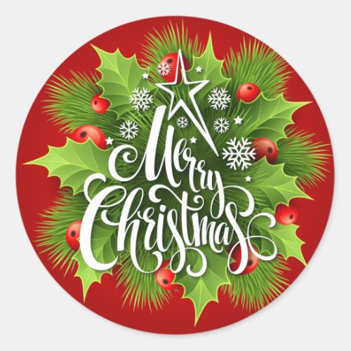 Merry Christmas Holly Berry Pine Branch Snowflakes Classic Round Sticker
