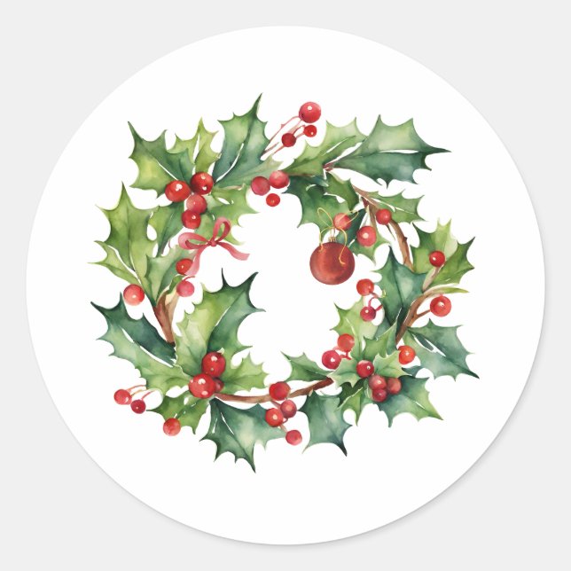 Merry Christmas Holly Berry Wreath  Classic Round Sticker (Front)