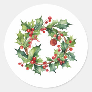 Merry Christmas Holly Berry Wreath Classic Round Sticker