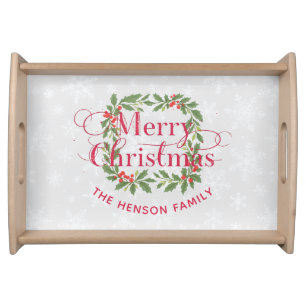 Merry Christmas Holly Berry Wreath Family Serving Tray