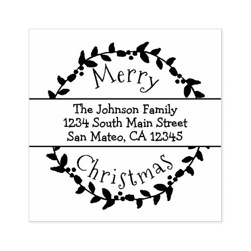 Merry Christmas Holly Berry Wreath Return Address Rubber Stamp