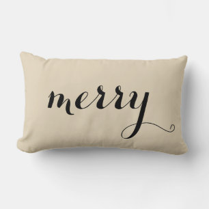 Merry Christmas Holly Black Script Beige Holiday Lumbar Pillow