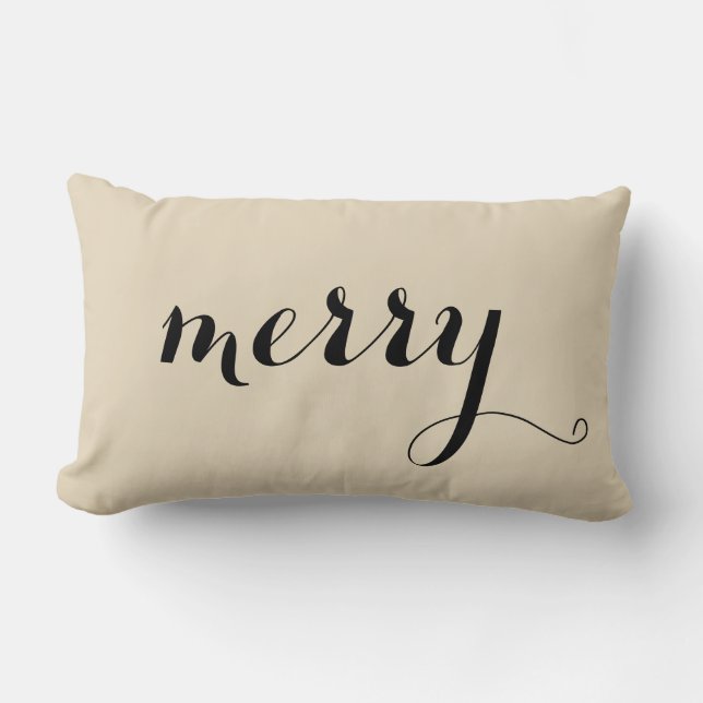 Merry Christmas Holly Black Script Beige Holiday Lumbar Pillow (Front)