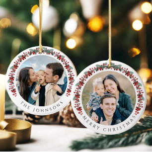 Merry Christmas Holly Botanical Photo Ceramic Ornament