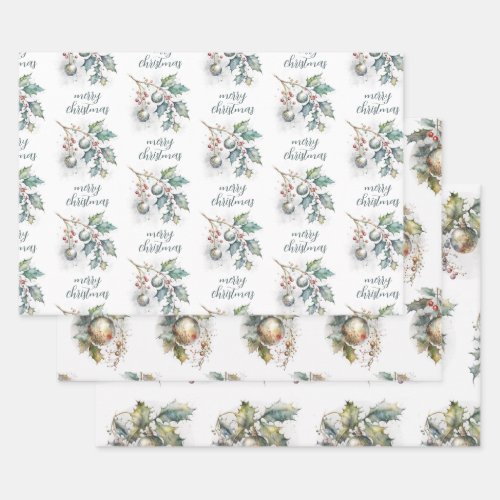 Merry Christmas Holly Branches And Tree Ornaments Wrapping Paper Sheets