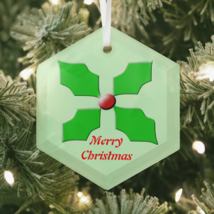 Merry Christmas Holly Custom Glass Ornament