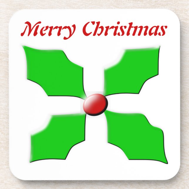 Merry Christmas Holly Customizable Cork Coaster (Front)