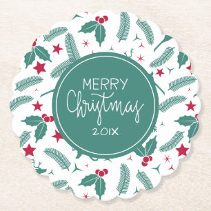 Merry Christmas Holly & Deers Pattern Paper Coaster
