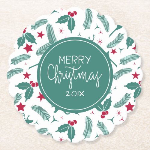 Merry Christmas Holly  Deers Pattern Paper Coaster