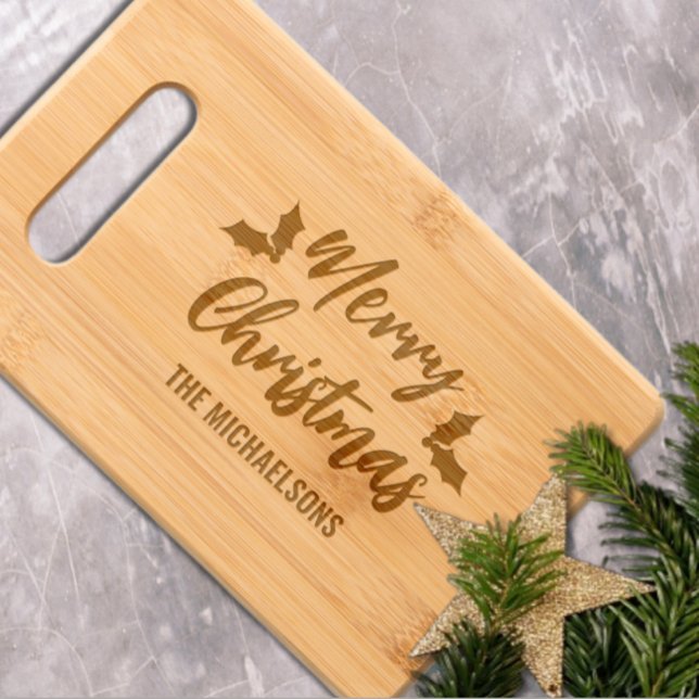 Merry Christmas Holly Family Name Engraved Cutting Board (Creator Uploaded)