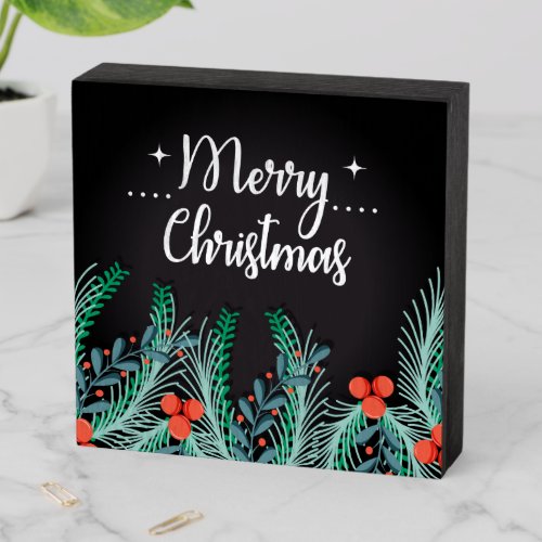 Merry Christmas Holly Floral Pattern Wooden Box Sign