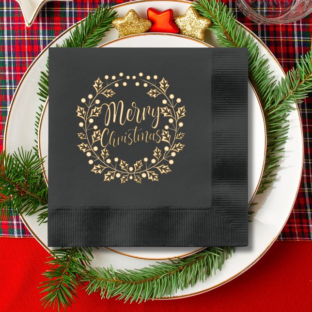 Merry Christmas Holly Floral Wreath Foil Napkins (Creator Uploaded)