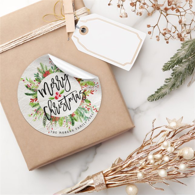 Merry Christmas Holly Floral Wreath Holiday Wishes Classic Round Sticker (Creator Uploaded)