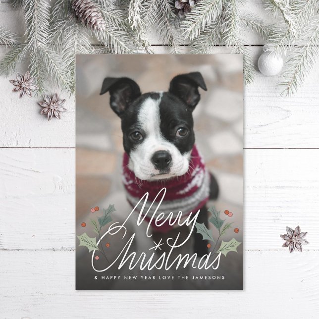 Merry Christmas Holly Hand Lettering Photo Holiday Card (Creator Uploaded)