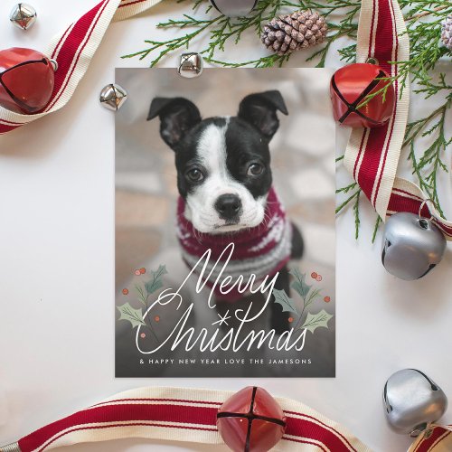 Merry Christmas Holly Hand Lettering Photo Holiday Card