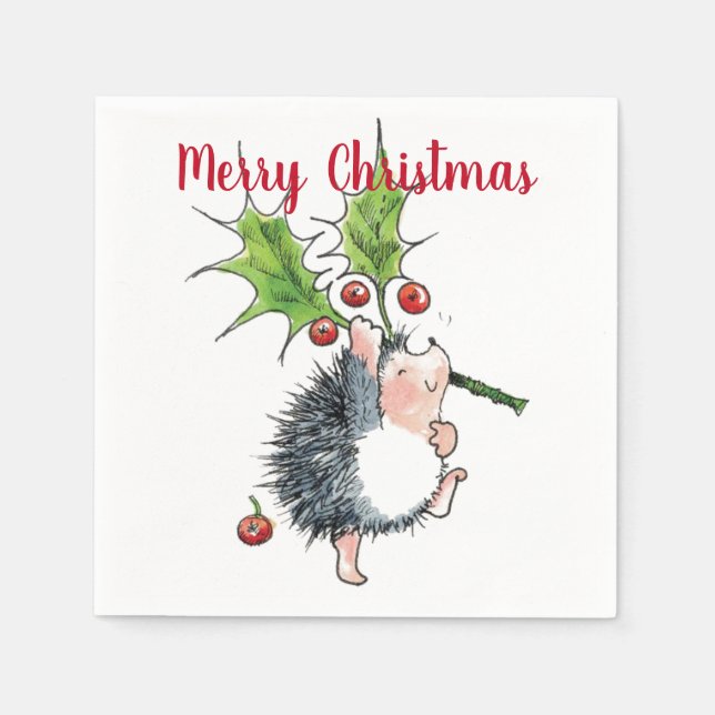 Merry Christmas Holly Hedgehog Napkins (Front)