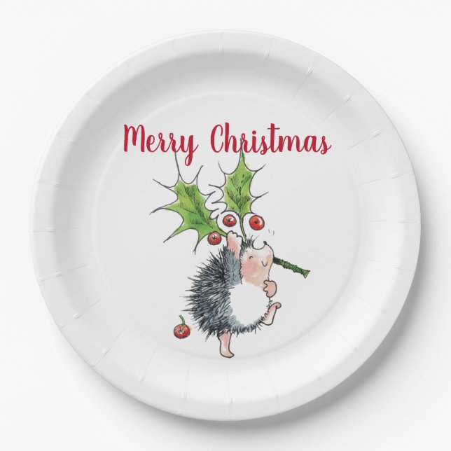 Merry Christmas Holly Hedgehog Paper Plates (Front)