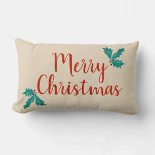 Merry Christmas Holly Ivy Vintage Beige Holiday Lumbar Pillow